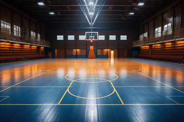 Empty school gymnasium seen from a low angle.