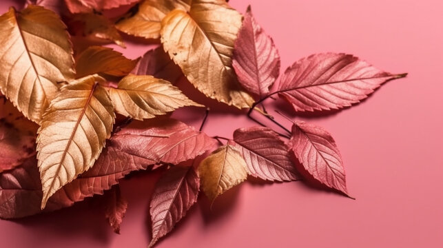 Golden autumn leaves, Solid pink background, 