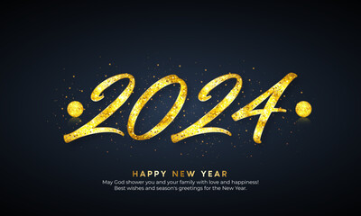 Happy new year 2024 gold text effect background with 3D number design