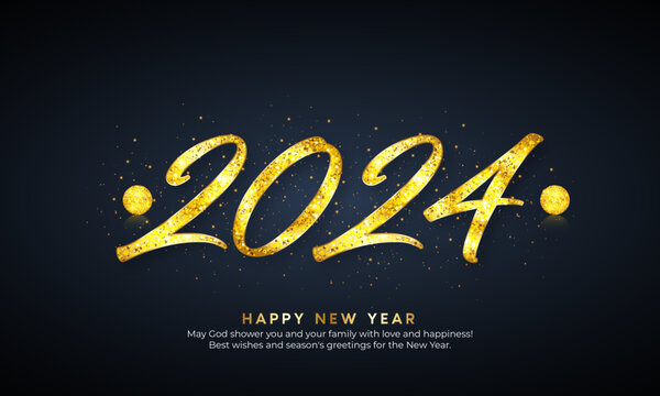Happy new year 2024 gold text effect background with 3D number design