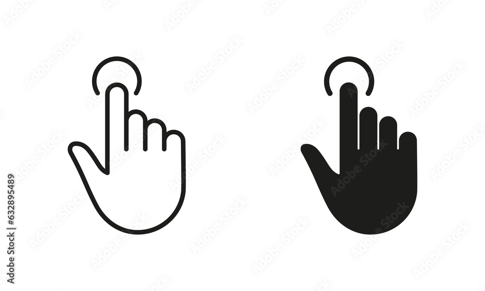 Poster click gesture, hand cursor of computer mouse line and silhouette icon set. pointer finger press or p