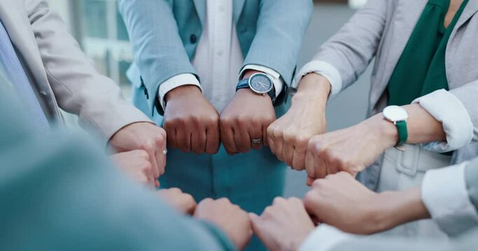 Solidarity, Circle Fist Bump And Business People Together In Staff Unity, Team Building And Group Support. Synergy, Corporate Cooperation And Closeup Workforce Trust, Team Mission And Collaboration