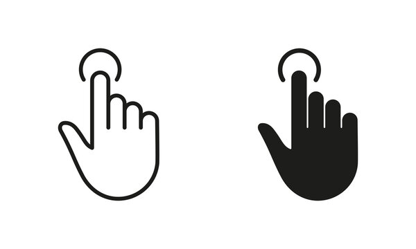 Click Gesture, Hand Cursor of Computer Mouse Line and Silhouette Icon Set. Pointer Finger Press or Point Pictogram. Swipe, Touch, Tap Sign Collection on White Background. Isolated Vector Illustration