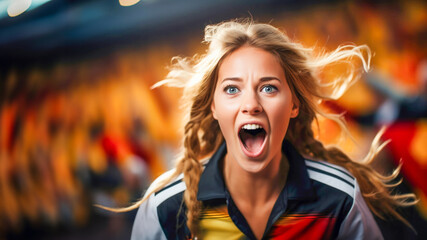 German female soccer fan, excited, wearing team colors, stadium background