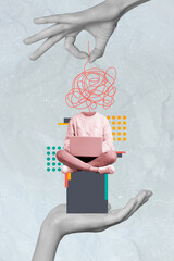 Poster picture collage artwork of weird unusual faceless girl string mess instead head isolated on...