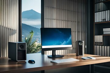 Fototapeta premium Desktop computer on a desk next to a window. Generative AI