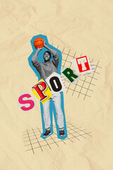 Banner collage poster of athletic man playing basketball scoring for team winning