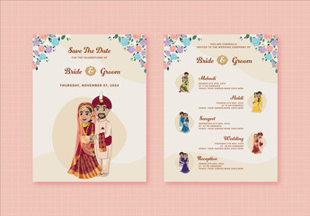 Indian Hindu Wedding Invitation Card Template with Cute Bride and Groom in Traditional Attires and Detailed Funtion List.