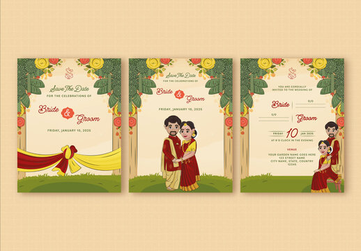 Indian Hindu Wedding Card Decorated with Cute Bride and Groom Chracters in Traditional Attires, and Floral Decorated Templates.