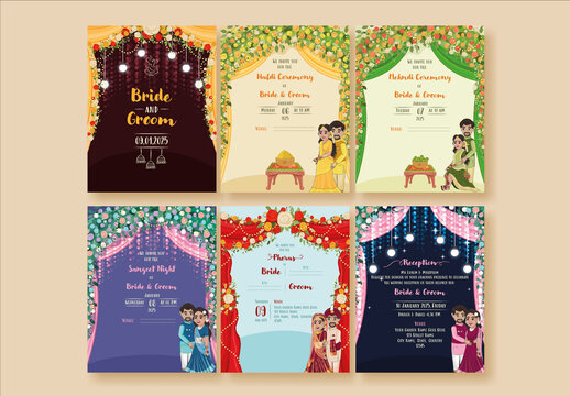 Indian Hindu Wedding Stationery Set or Templates For Detailed Funtions  Like as Haldi, Mehndi, Sangeet, Cocktail Party, Pheras and Reception Ceremony Template.