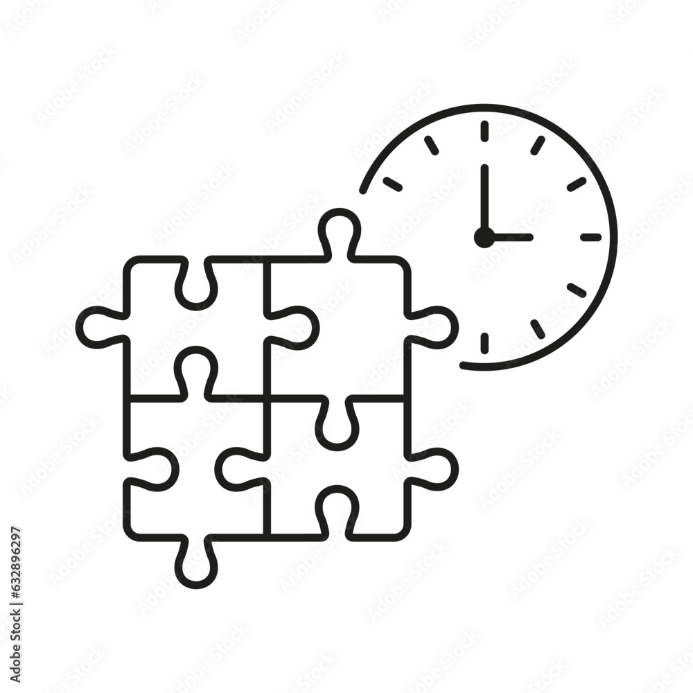 Poster puzzle with time, urgency solution line icon. jigsaw pieces and watch, countdown for idea linear pic