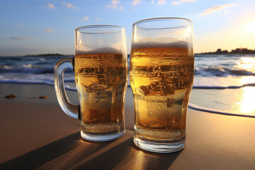 Two glasses of beer on the beach by the sea.