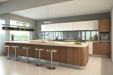 Modern spacious kitchen with a large island. There are growing herbs on the side and on the countertop. On the other side of the counter there are fruits to make something healthy. 3d illustration
