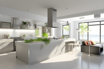 Modern spacious kitchen with a large island. There are growing herbs on the side and on the countertop. On the other side of the counter there are fruits to make something healthy. 3d illustration