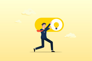 Businessman push toggle switch to turn on idea, turn on new idea, solution or innovation to solve problem, enable knowledge or creativity, toggle lightbulb idea invention, unlock or active (Vector)