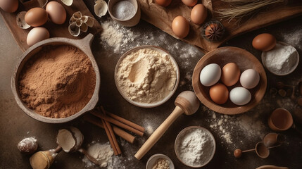 Obraz na płótnie Canvas Rustic baking ingredients (flour, eggs, wooden spoons), Solid beige background, Flat lay, 