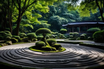 Tranquil Zen Garden With Perfectly Raked Sand, Generative AI