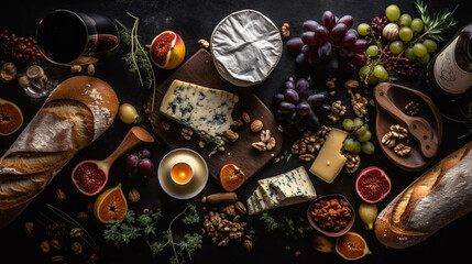 Gourmet food and ingredients (cheeses, bread, wine), Solid black background, Flat lay, 