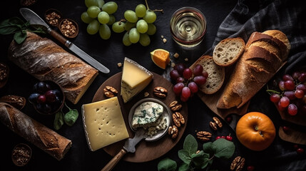 Gourmet food and ingredients (cheeses, bread, wine), Solid black background, Flat lay, 