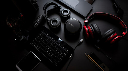 Tech gadgets (smartphone, laptop, headphones), Solid black background, Flat lay, 