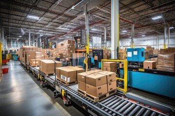 automated conveyor system moving boxes in facility