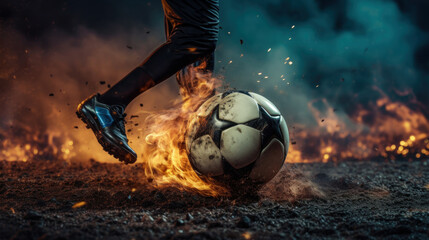 A soccer player kicks a burning soccer ball in the stadium, Soccer World Cup, Soccer European Championship
