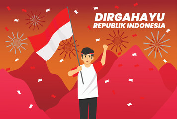 August 17. Greeting card for Indonesia's Independence Day. Flat illustration design of a raised hand holding a flag vector. Suitable for posters, banners, and social media posts.