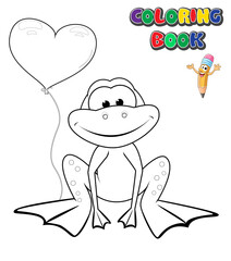 Cute cartoon frog coloring book. A scene with a frog and its heart-shaped balloon. A black line on a white background, a coloring book for children