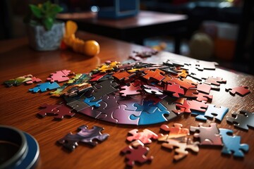 close-up of puzzle pieces scattered on a table