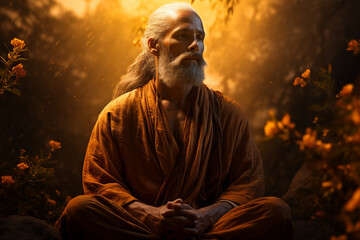 radiant photograph of the spiritual enlightener amidst nature, bathed in the warm glow of sunlight Generative AI