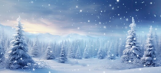 Enchanting winter wonderland with snow-covered trees. Peaceful snowy landscape, wintry and starry. - obrazy, fototapety, plakaty