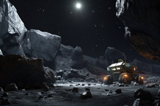 robots extracting minerals from asteroid surface