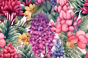 Fototapeta premium Wild Flowers bloom watercolor seamless pattern