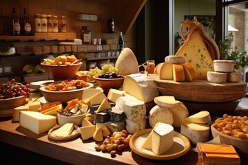 Fototapeta na wymiar artisanal cheese shop display with assorted cheese types