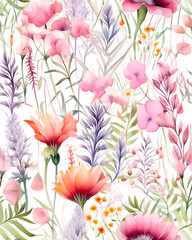 Wild Flowers bloom watercolor  seamless pattern