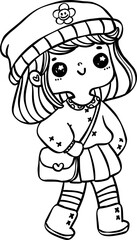 Obraz premium Cheerful Student girl Outline Doodle. Back to School kid.