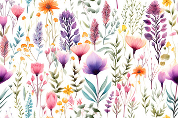 Fototapeta na wymiar Wild Flowers bloom watercolor seamless pattern