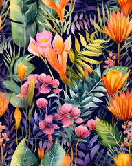 Wild Flowers bloom watercolor  seamless pattern
