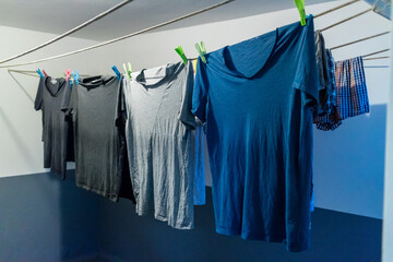 Various shirts drying on clothesline