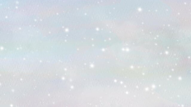 雲で覆われた空から静かに雪が舞い降りていくループアニメーション。背景に水彩画を使用した幻想的で美しい冬の映像。