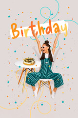 Vertical collage image of positive overjoyed girl sit chair raise hands birthday cake table...