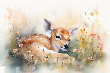 Sweet Dreams: A heartwarming watercolor cartoon illustration of a little deer peacefully sleeping amidst a field of flowers. Soft pastel colors and a serene atmosphere create a sen  - obrazy, fototapety, plakaty