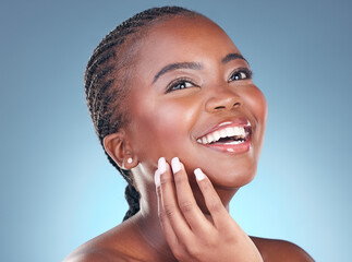 Skincare, beauty and face of black woman on blue background for wellness, health and spa. Salon aesthetic, dermatology and happy African person in studio with cosmetics, makeup and facial for glow