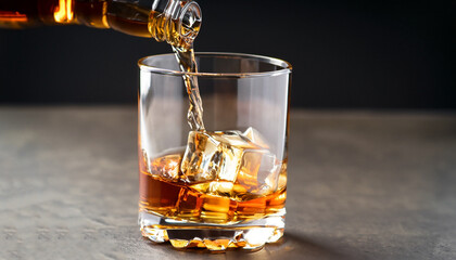 Whiskey Pour In Glass, Dark Background, Selective Focus
