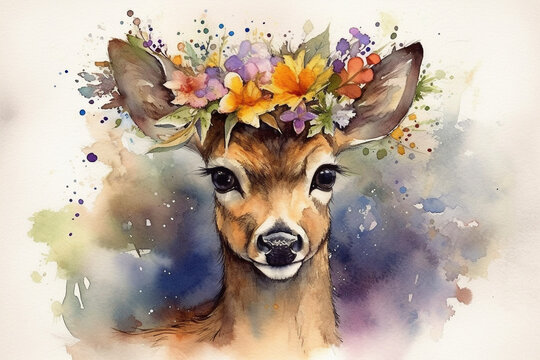 Fairy Tale Deer: Transport yourself to a magical world with this watercolor cartoon depiction of a little deer from a fairy tale. With a crown of flowers on its head and a whimsica 