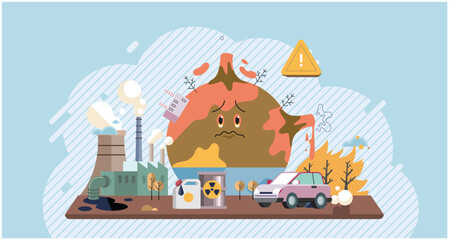 Obraz premium Planet Earth in smoke, plastic, garbage. Toxic air pollution. Greenhouse effect of CO2. Earth with reasons of destroying. Saving the planet, World Environment Day. Ecological catastrophy. Save Earth