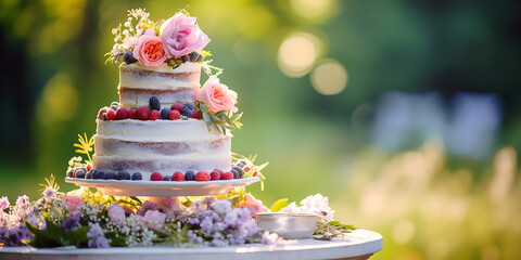 wedding cake decorated with flowers and berries - obrazy, fototapety, plakaty