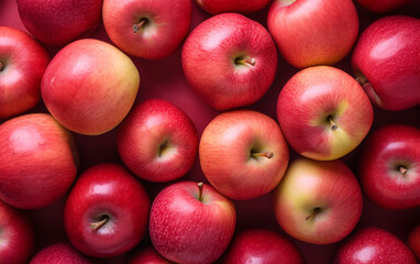 Top view of bright ripe fragrant pink lady apples background