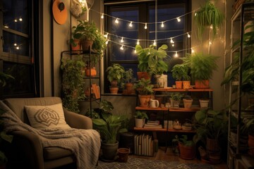 Fototapeta na wymiar string lights and potted plants in a cozy corner