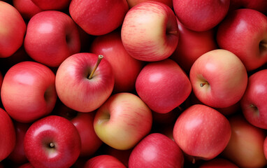 Top view of bright ripe fragrant pink lady apples background